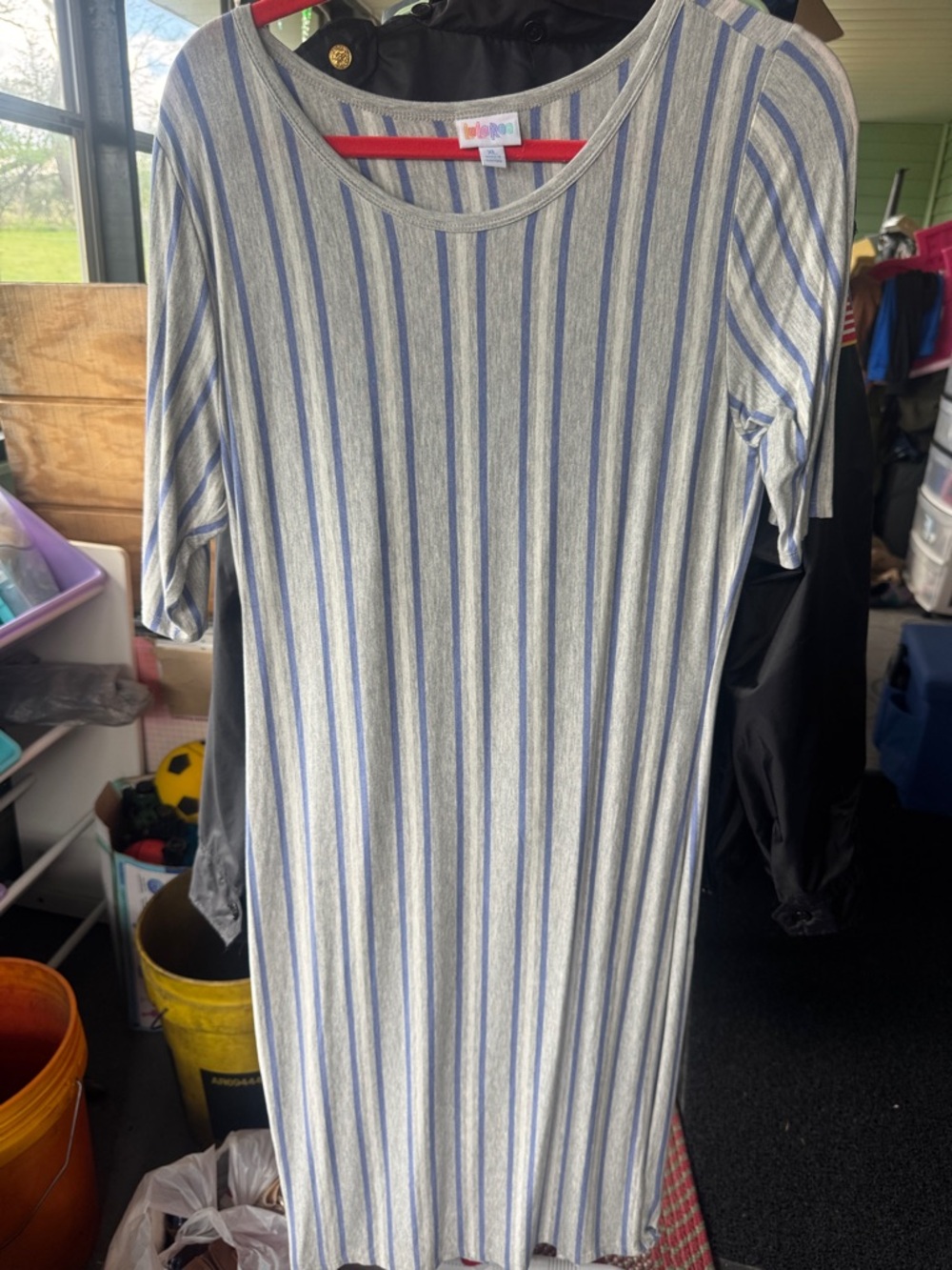 LuLaRoe Cream and Blue Striped Women's Dress